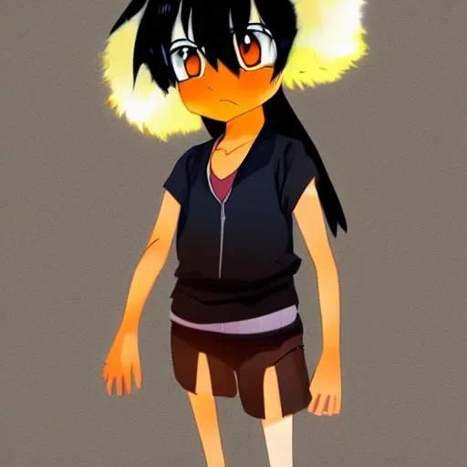 Prompt: anime tomboy with dark skin, black hair, wolf ears and glowing orange eyes