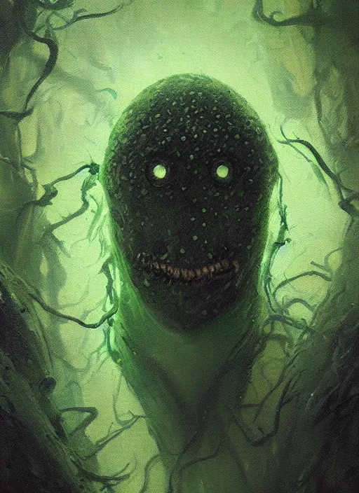 Image similar to portrait of green noise an amorphous blob, slimy alien creature witg hundreds of eyes, eyes!!!!! painted by greg rutkowski, wlop,,