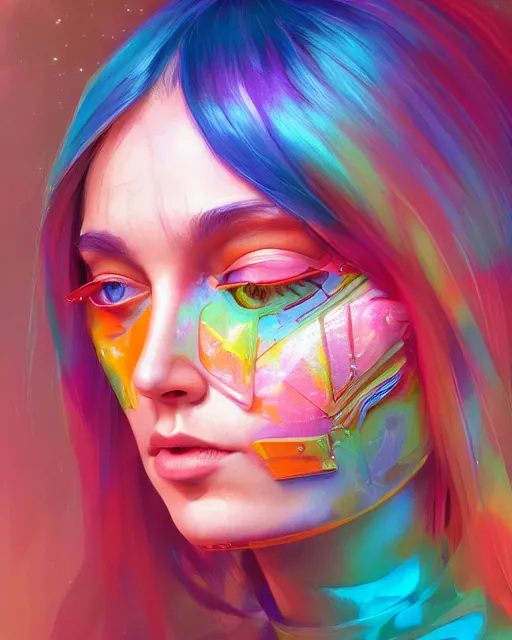 Image similar to colorful portrait of a female hippie, but set in the future 2 1 5 0 | highly detailed | very intricate | symmetrical | professional model | cinematic lighting | award - winning | painted by mandy jurgens | pan futurism, dystopian, bold psychedelic colors, cyberpunk, anime aesthestic | featured on artstation