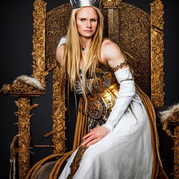 Image similar to photo of a very beautiful!! nordic queen warrior sitting on her throne highly detailed 8 k hdr smooth sharp focus high resolution award - winning photo