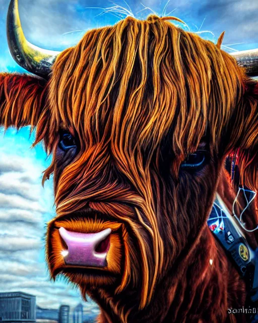 Image similar to a portrait of an anthropomorphic cyberpunk highland cattle bull by sandra chevrier, by jon foster, detailed render, tape deck, epic composition, cybernetics, 4 k realistic, cryengine, realistic shaded lighting, sharp focus, masterpiece, by enki bilal