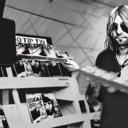 Image similar to digital painting of kurt cobain buying an expensive nft