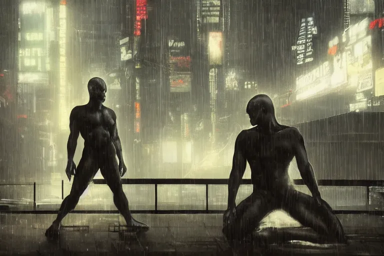 Image similar to roy batty with a bare torso sits in the lotus position with his head bowed in the rain on the roof of a building in the cyberpunk future, around neon signs, a little haze, night, realistic proportions, anime style ghost in armor