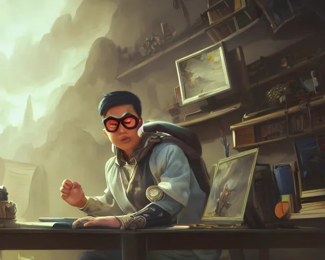 Image similar to an insanely detailed painting of a nerdy asian man wearing a superhero costume, sitting at a desk, staring at the nervously at the computer and typing, in the style of peter mohrbacher, dramatic lighting and composition, surreal background, octane render, pixar, trending on artstation, concept art, comic book, view from behind