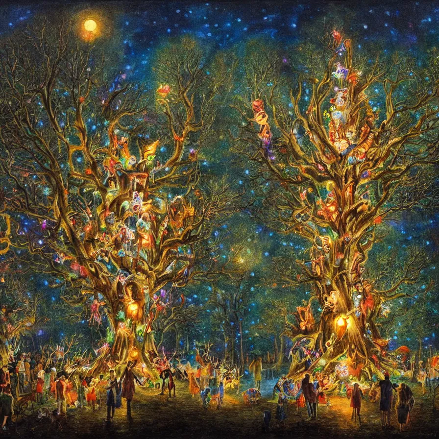 Image similar to a night carnival around a magical tree cavity, with a surreal orange moonlight and fireworks in the background, next to a lake with iridiscent water, christmas lights, folklore animals and people disguised as fantastic creatures in a magical forest by summer night, masterpiece painted by karl briulov, dark night environment