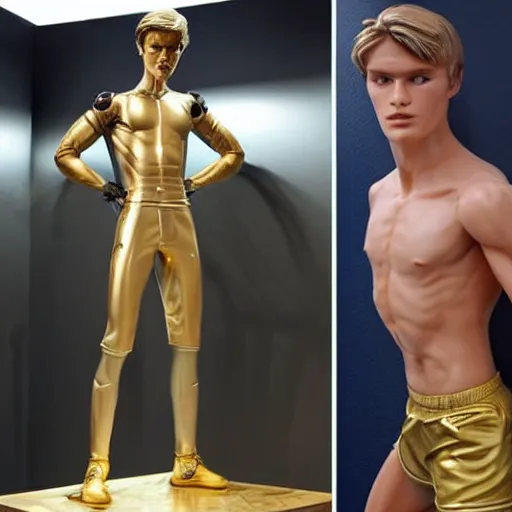 Image similar to a realistic detailed photo of a guy who is an attractive humanoid who is half robot and half humanoid, who is a male android, soccer players martin ødegaard, shiny skin, posing like a statue, blank stare, in a factory, on display, showing off his muscles, gold soccer shorts, back view