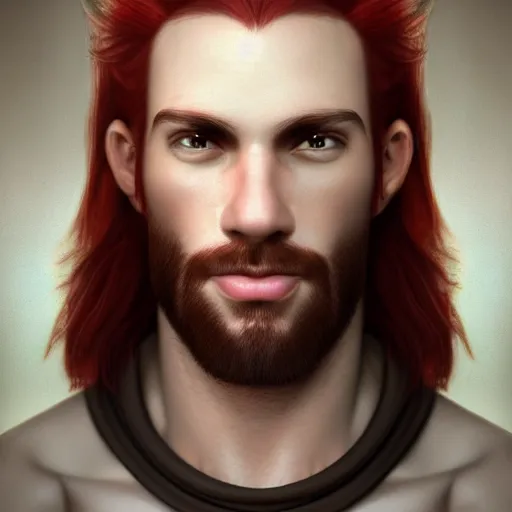 Image similar to portrait of a handsome!!!!! male ship captain with long red hair!!!!!!, 30 years old, upper body, ethereal, muscular, friendly, playful, D&D, hairworks, Unreal 4, fantasy, elegant, highly detailed, digital painting, hairworks, deviantart, artstation, concept art, sharp focus, dramatic lighting, illustration, art by Artgerm and Greg Rutkowski and Alphonse Mucha