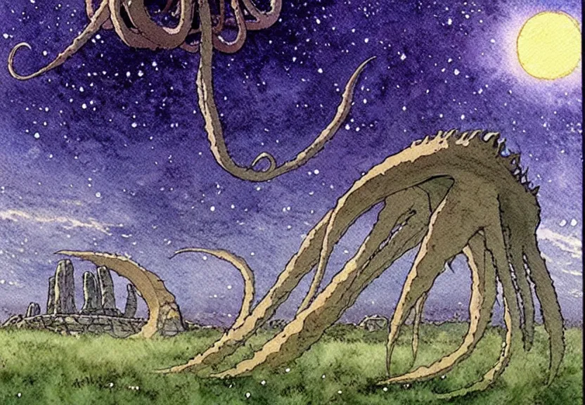 Prompt: a simple watercolor studio ghibli movie still fantasy concept art of a giant squid from princess mononoke ( 1 9 9 7 ) in stonehenge. it is a misty starry night. by rebecca guay, michael kaluta, charles vess