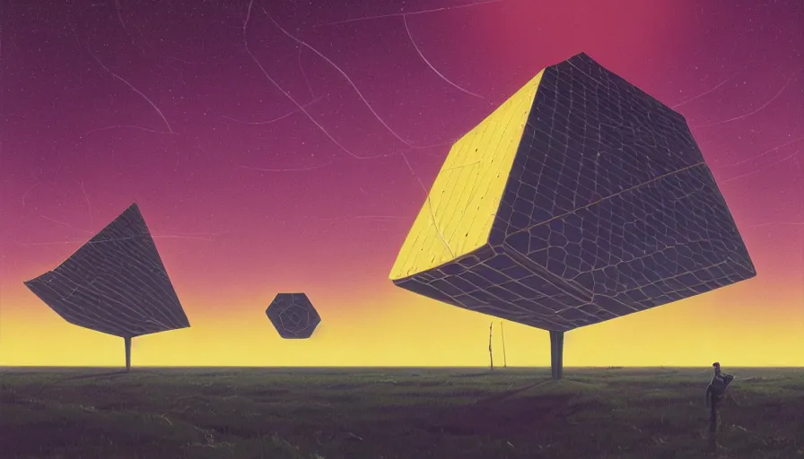 Image similar to hexagonal solar sails floating in front of sun, simon stalenhag