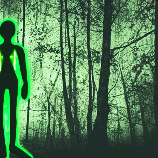 Image similar to film frame of a green glowing humanoid emerging from a dark forest full of dead trees at night, creepy, horror, uncanny, old camera footage, REC sign,