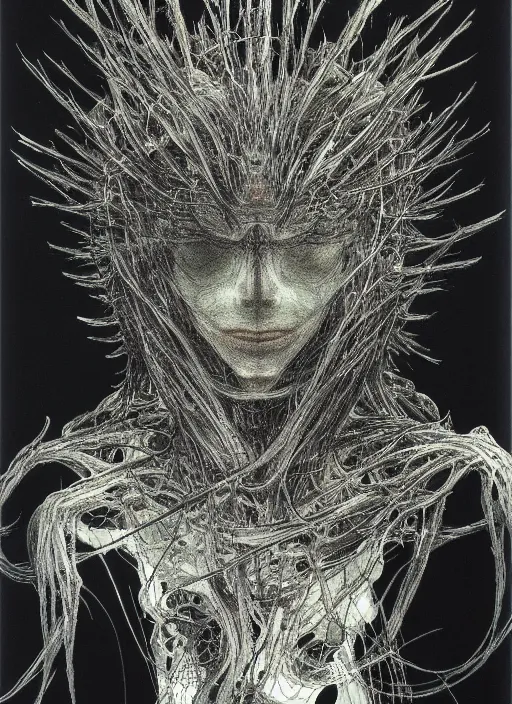 Image similar to portrait of yoshitaka amano's neural nightmare, stark composition