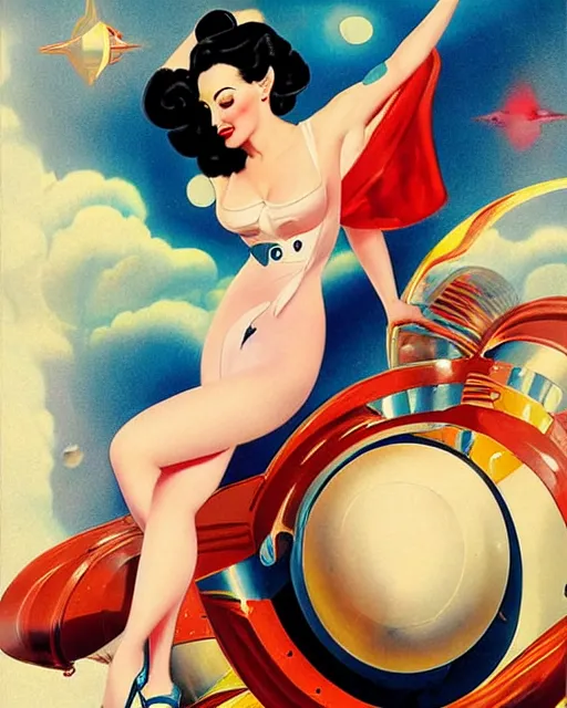 Image similar to retrofuturistic pinup model dita von teese as a varga girl posing on a space ship, in the style of anna dittmann and gil elvgren and alberto vargas.