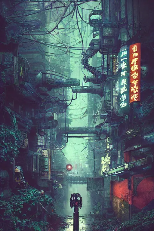 Image similar to vintage autochrome photo of ancient overgrown cyberpunk tokyo with robot by marc simonetti, night, rain, flowers, beautifully lit, hyperdetailed, unreal engine, photorealistic