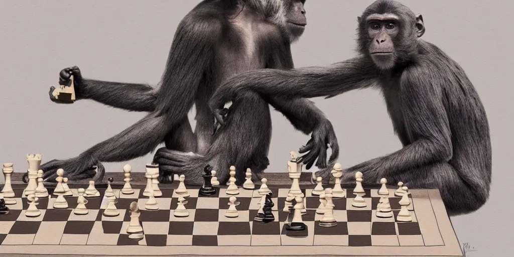 Image similar to a monkey winning a chess game to a human, hyper detailed, hyperrealistic