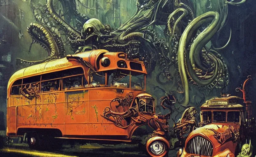 Image similar to cthulhu devouring a steampunk school bus. highly detailed science fiction painting by norman rockwell, frank frazetta, and syd mead. rich colors, high contrast, gloomy atmosphere, dark background. trending on artstation