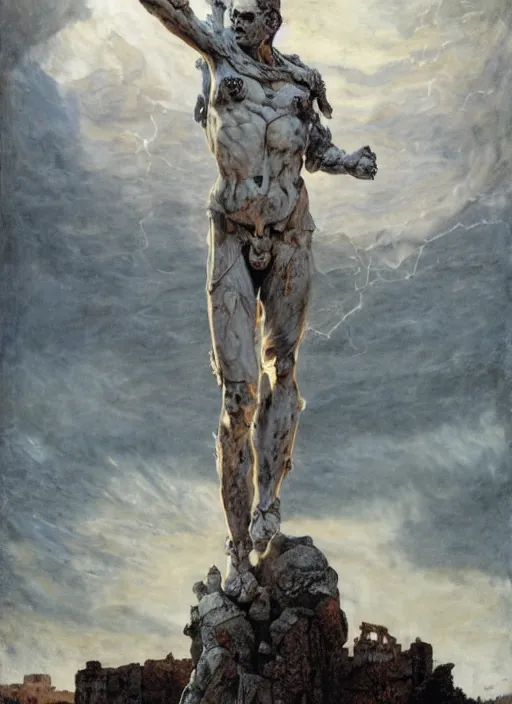 Prompt: ancient statue of a diabolical marble stone cyborg, wearing torn white cape, dynamic pose, thunder, glowing eyes, post apocalyptic ancient ruins, glowing veins subsurface scattering, in clouds, sunset, portrait, by gerald brom, by mikhail vrubel, by peter elson, muted colors, extreme detail, trending on artstation, 8 k