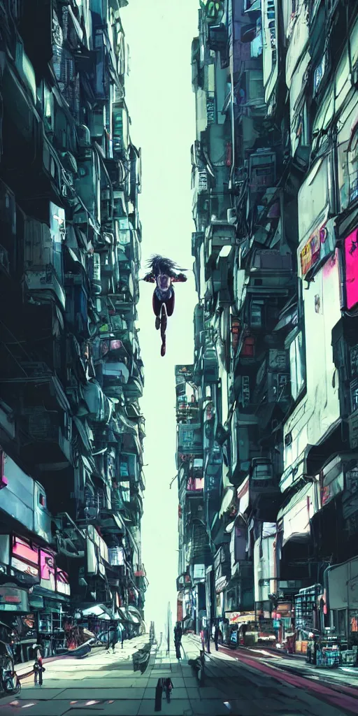 Image similar to ghost in the shell. cyborg running down the narrow street. cyberpunk city.