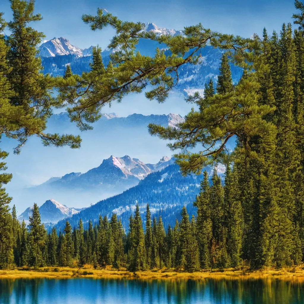 Prompt: a lake surrounded by pine trees with mountains in the background in the style of Bob Ross