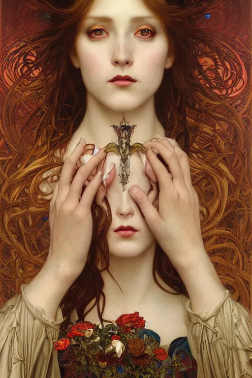 Image similar to masterpiece painting of beautiful vampire girl by donato giancola, darius zawadzki and tom bagshaw, face by artgerm and edmund leighton, alphonse mucha, background by james jean and gustav klimt, 8 k, biomechanical horror, majestic, volumetric lighting, porcelain skin, french nouveau, trending on pixiv