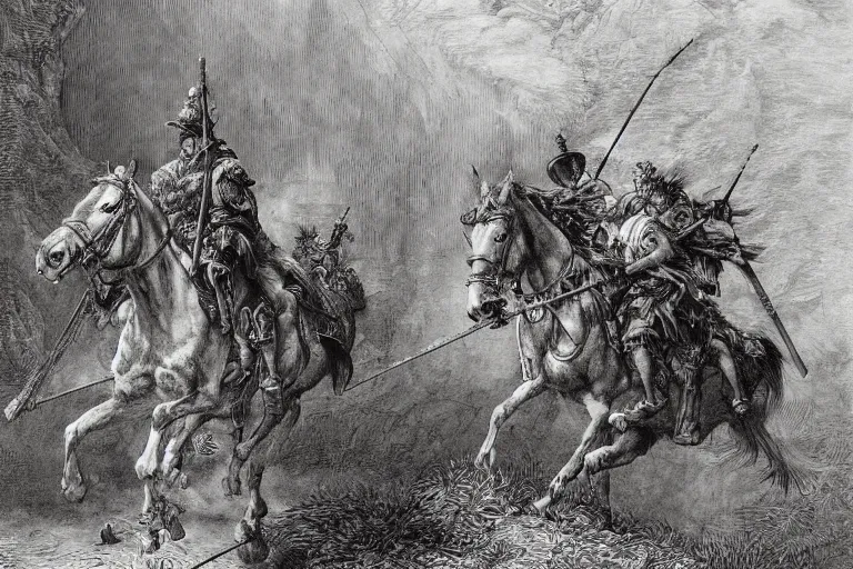 Prompt: highly detailed big opened book don quixote goes away from it, masterpiece, highly detailed painting by gustave dore