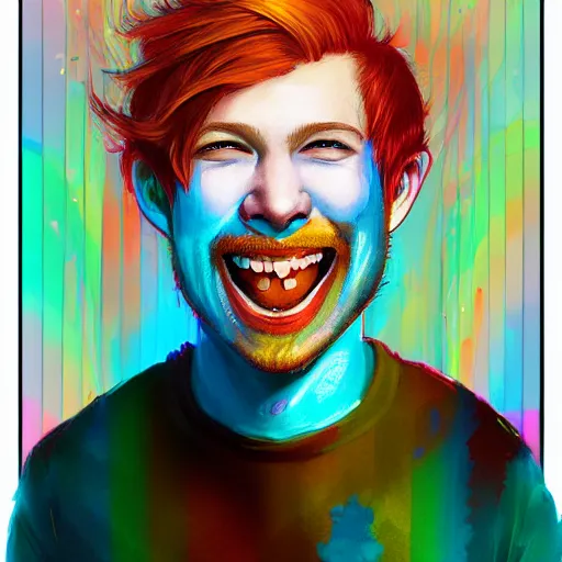 Prompt: a portrait of a laughing man with ginger hair, by ross tran, psychedelic, rainbow