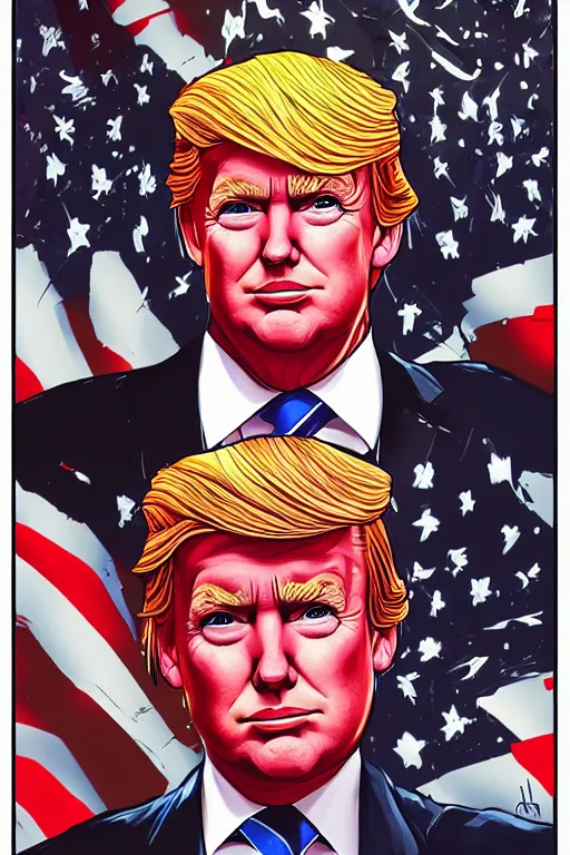 Prompt: a portrait of sexy young donald trump, drawn by robbie trevino and dan mumford, poster, digital art, comic art, concept art,, single head, no double head,