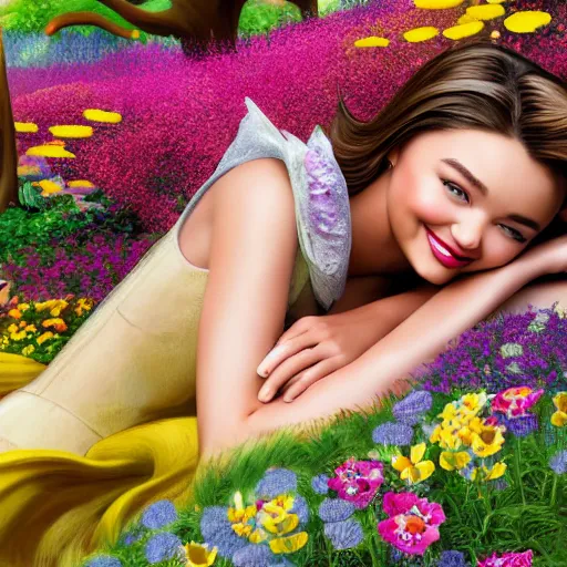 Prompt: a disney cartoon illustration of miranda kerr as sleeping beauty, dynamic lighting, 4 k hdr, hyper realistic, pretty face, in a forest flower garden, smiling