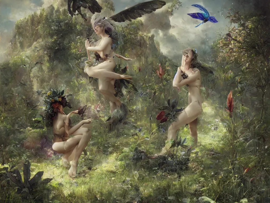 Image similar to a solarpunk very very very beautiful lush landscape of a the most beautiful nymph in a field are of broken stone words with cyborg workers picking up the broken stone and trying to put them back together, hyperrealistic, award-winning, masterpiece, in the style of Tom Bagshaw, Cedric Peyravernay, Peter Mohrbacher