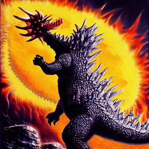 Prompt: godzilla in space!!! breathing fire and the fire becomes the sun, surreal, highly detailed