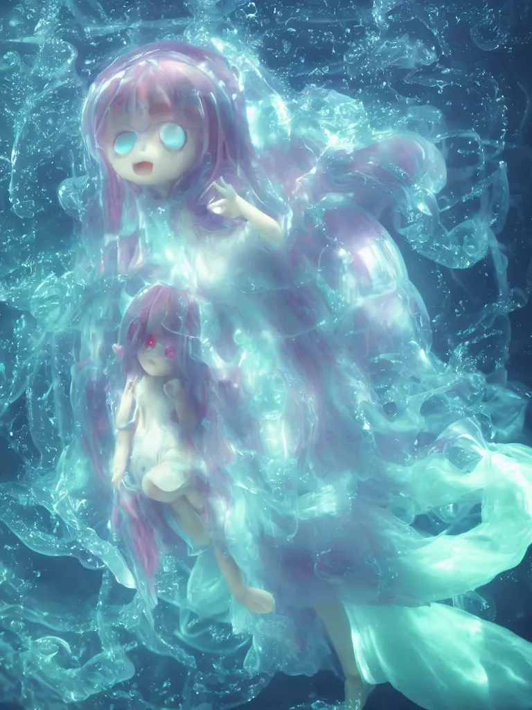 Prompt: cute fumo plush of an otherworldly translucent jellyfish goth girl floating in the deep sea, mysterious tattered maiden tendrils and dress, anime, heavy rain reflective water surface, glowing lens flare green wraith girl, wisps of volumetric fog and smoke in refracted vortices, vignette, bokeh, vray