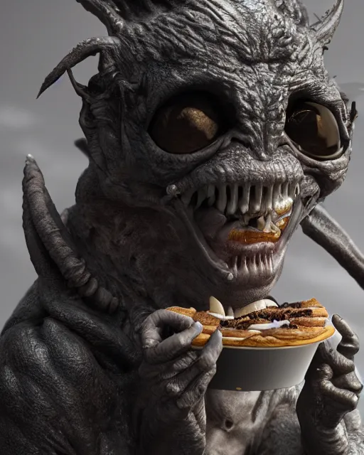 Image similar to highly detailed closeup, face profile portrait of a movie gremlin eating cakes in the cathedral, depth of field, fashion photoshoot by hyung tae, frank frazetta, bosch, giger, breathtaking, detailed and intricate environment, 8 k resolution, hyperrealistic, octane render