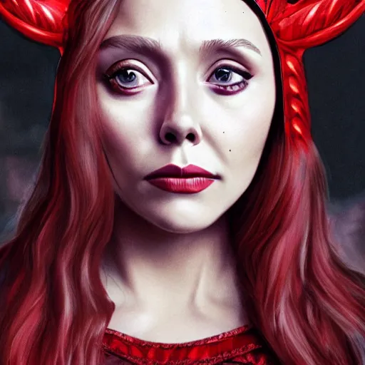 Prompt: A portrait of elizabeth Olsen as scarlet witch with horns, cinematic, digital art, amazing detail