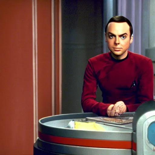 Image similar to sheldon cooper from the big bang theory in star trek ( 1 9 9 6 )