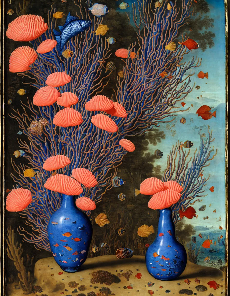 Prompt: bottle vase of coral under the sea decorated with a dense field of stylized scrolls that have opaque outlines enclosing mottled blue washes, with purple shells and blue fishes, ambrosius bosschaert the elder, oil on canvas, around the edges there are no objects