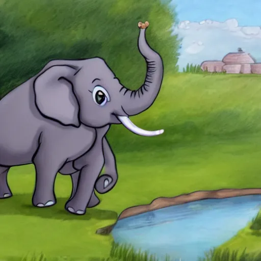 Prompt: a cartoon picture of a baby elephant drinking from a pond, a child's drawing by stan and jan berenstain, pixiv, furry art, childs drawing, furaffinity, storybook illustration