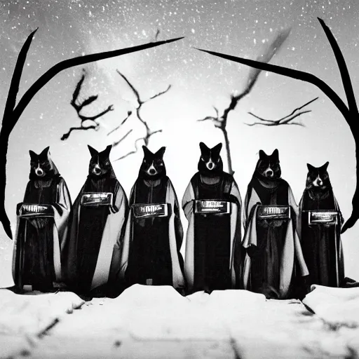Image similar to 1 9 8 0's award winning sci - fi movie still, a group of raccoons wearing dark cult robes look towards the camera in surprise and anger as they perform a dark occult evil ceremony inside the secret lair of an underground mystery cult, dramatic candlelight, pentagrams, ultra - detailed, photorealistic, 4 k