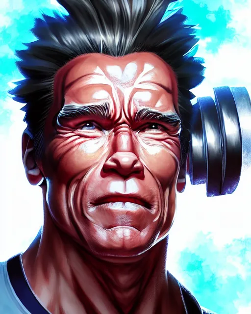 Image similar to anime portrait of Arnold Schwarzenegger as an anime man by Stanley Artgerm Lau, WLOP, Rossdraws, James Jean, Andrei Riabovitchev, Marc Simonetti, and Sakimichan, trending on artstation