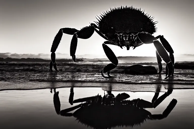 Image similar to giant crab attacking a california city, in 2 0 1 2, bathed in the the glow of the sunset, low - light photograph, photography by ansel adams