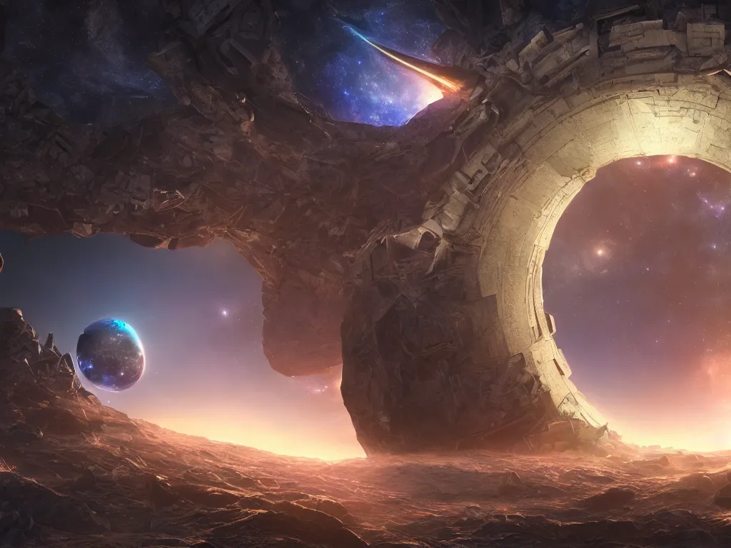 Image similar to an ultra realistic fantasy art of an amazing galactic astrological portal of achieved dreams, epic scale ultrawide angle, 3D rendered, Vray rendered, octane render, unreal engine