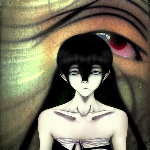 Prompt: yoshitaka amano blurred and dreamy realistic three quarter angle portrait of a woman with long white hair, black eyes and black lipstick wearing dress suit with tie, junji ito abstract patterns in the background, satoshi kon anime, noisy film grain effect, highly detailed, renaissance oil painting, weird portrait angle, blurred lost edges