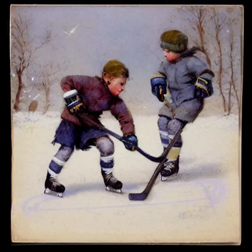 Image similar to ( ( ( ( ( 1 9 5 0 s kids playing hockey on a sunny winter. muted colors. ) ) ) ) ) by jean - baptiste monge!!!!!!!!!!!!!!!!!!!!!!!!!!!