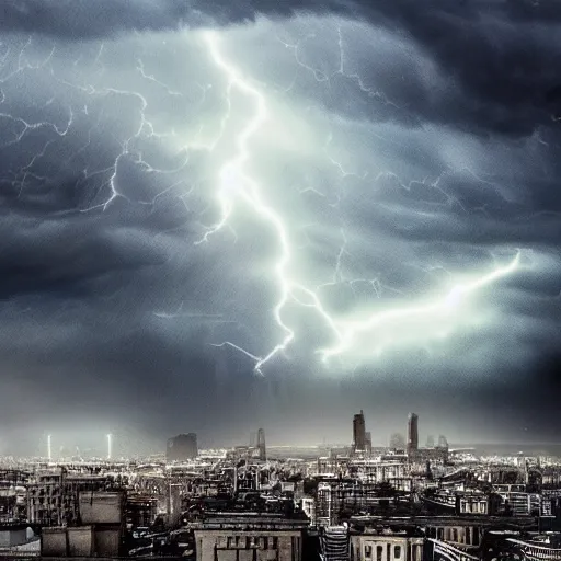 Image similar to enormous creature towering over a city during a thunderstorm, hyper realistic