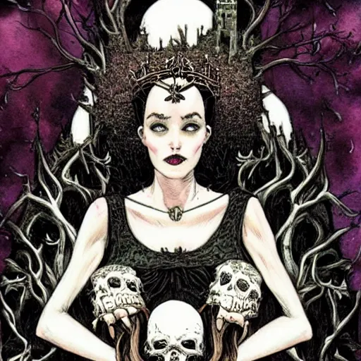 Prompt: the gothic wiccan beautiful queen witch occult woman sitting atop her throne made of skulls by gerald brom by anna steinbauer by kelly mckernan by edward gorey, trending on artstation