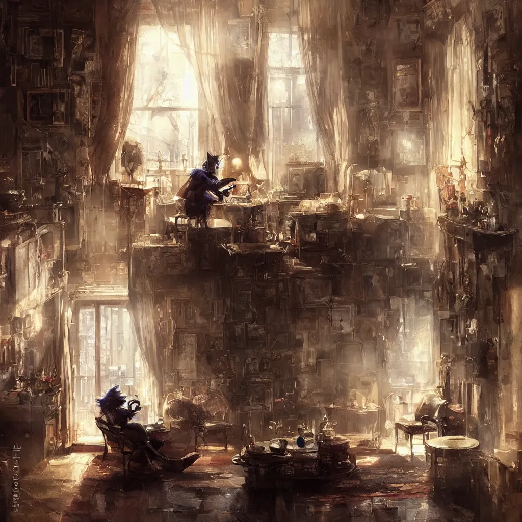 Prompt: Sonic having a cup of tea in an apartment, Beautiful composition, hyperdetailed painting by Greg Rutkowski indoor smooth light