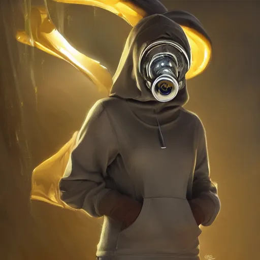 Image similar to luxury advertisement, a highly detailed epic cinematic concept art CG render digital painting artwork of a girl in a grey hoodie with a yellow rebreather half-mask. By Greg Rutkowski, Ilya Kuvshinov, WLOP, Stanley Artgerm Lau, Ruan Jia and Fenghua Zhong, trending on ArtStation, made in Maya, Blender and Photoshop, octane render, excellent composition, cinematic atmosphere, dynamic dramatic cinematic lighting, aesthetic, very inspirational, arthouse