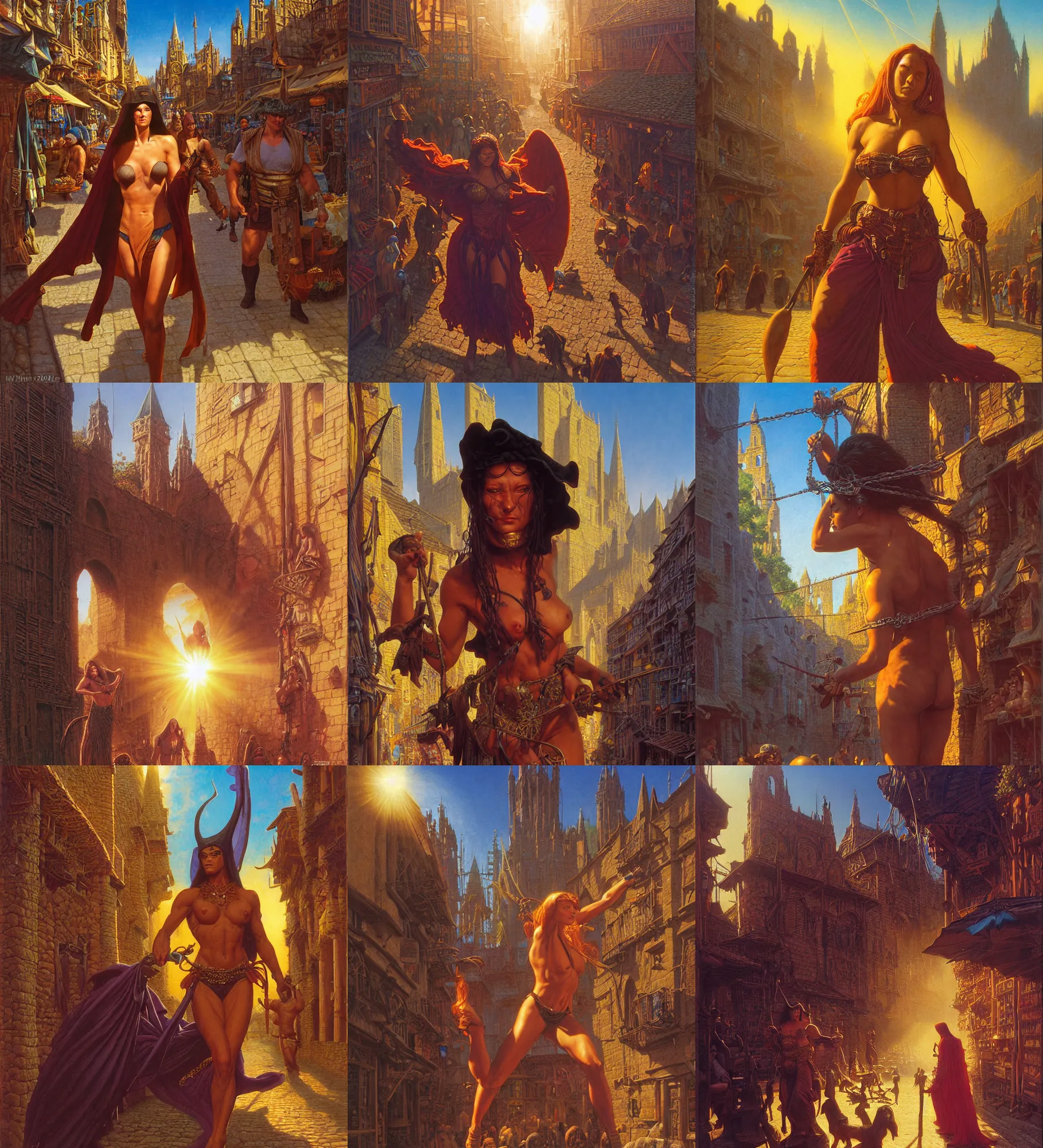Prompt: close - up portrait of beautiful mysterious amazon as muscled fully cloaked thief hanging around a cobbled medieval shopping street, colored market stand, sun down, sun - rays beams, epic composition, 2 0 0 mm focal length, donato giancola, tim hildebrandt, wayne barlow, bruce pennington, larry elmore