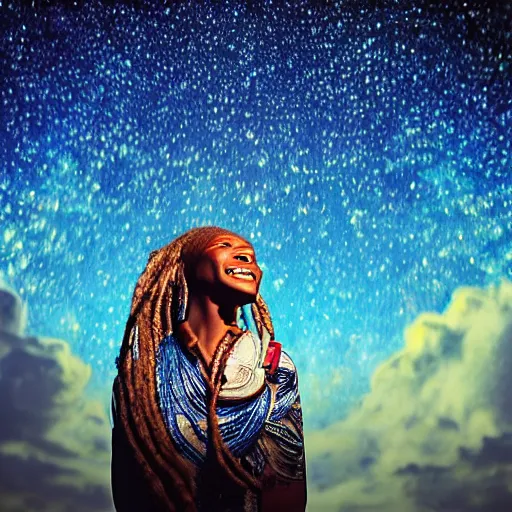 Prompt: hypatia of alexandria looking at the starry night sky! dream beautiful futuristic himba woman smiling, glowing white mechanical eye, robotic prosthetic arm, blue glass dreadlocks, hyperrealistic, sci - fi, dramatic lighting, intricate, soft focus - n 9