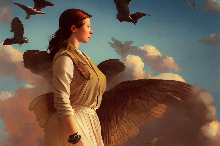 Prompt: she dreamed of flying in the clouds with ghosts of yesteryear, golden hour, mystical, smooth, sharp focus, fantasy, 85mm, DOF, art by Caravaggio, Greg rutkowski, Sachin Teng, Thomas Kindkade, Norman Rockwell, Tom Bagshaw