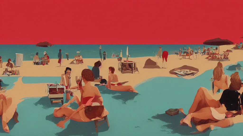 Image similar to A beach lunch, in the style of David Lynch, by Wes Anderson, concept art, artstation