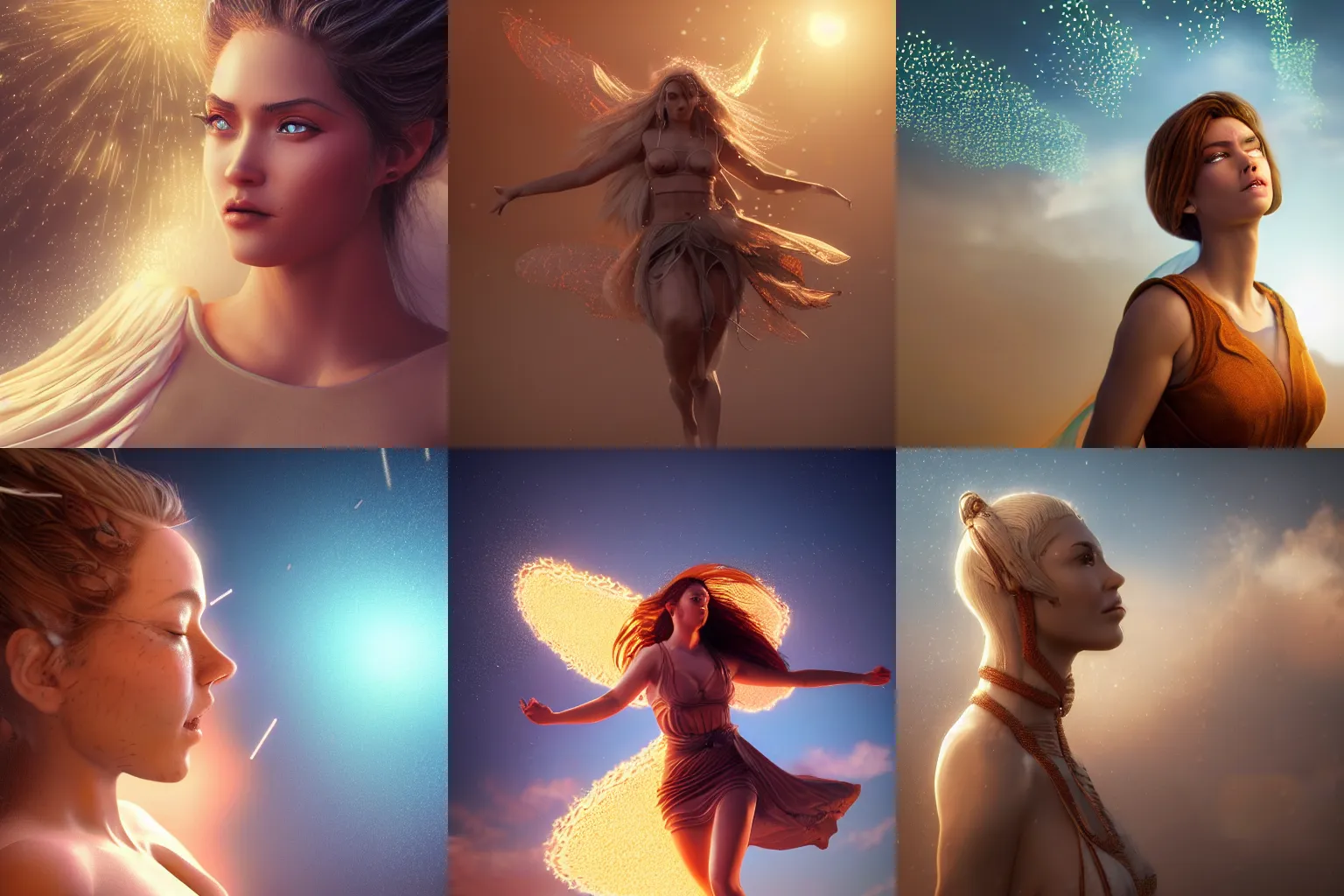 Prompt: a beautiful female human god of sandstorm character, character is in all its glory, character is centered on the image, character is flying, rim lights, highly detailed professional photo, dynamic lights, particles are flying, depth of field, trending on artstation, illustration, hyper realistic, vray caustics, super detailed, colorful accents, cinematic shot